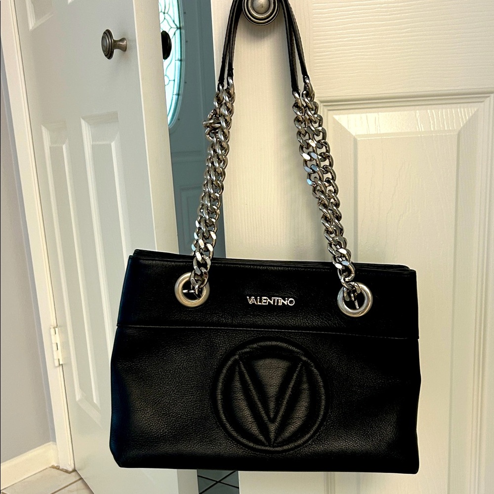 Valentino Black Leather Shoulder Bag with Silver Chain